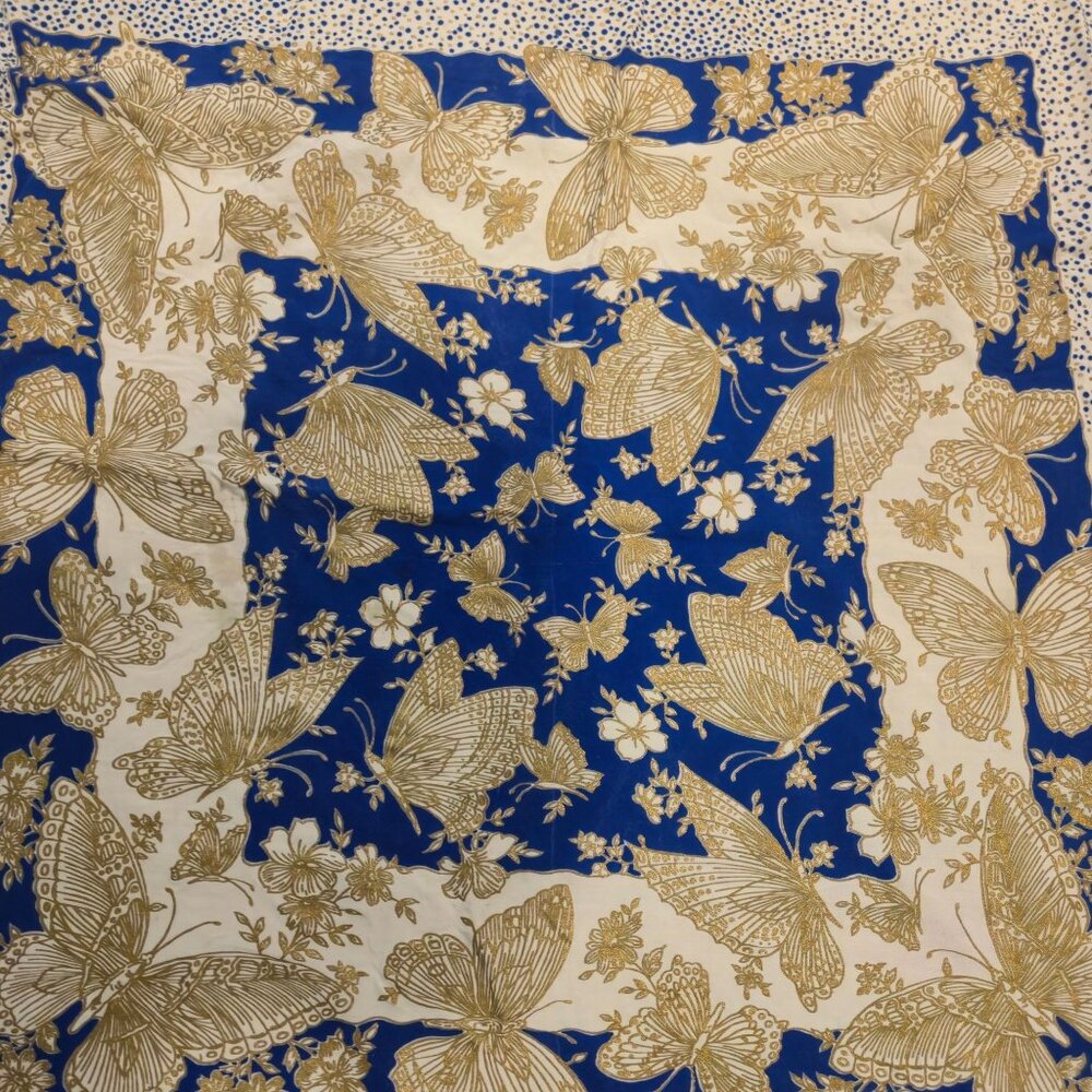 Vintage Butterfly Scarf Blue Gold Boho Headscarf Square Kerchief Wrap Bandana - Picture 7 of 13